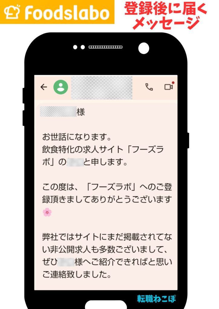 フーズラボ登録後に、担当者からくるメッセージの実際のスクリーンショット