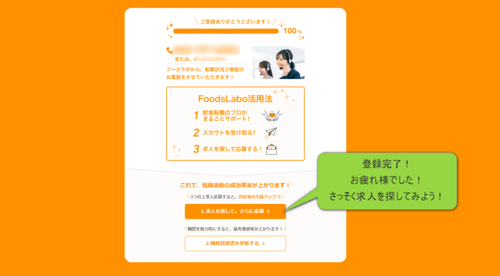 フーズラボの無料登録完了画面。